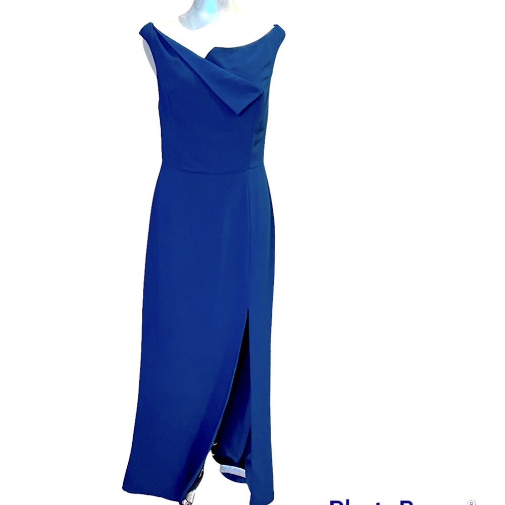 Harlyn Teal Blue Drape Neck Maxi Dress Front Slit Wedding Guest Formal Size M